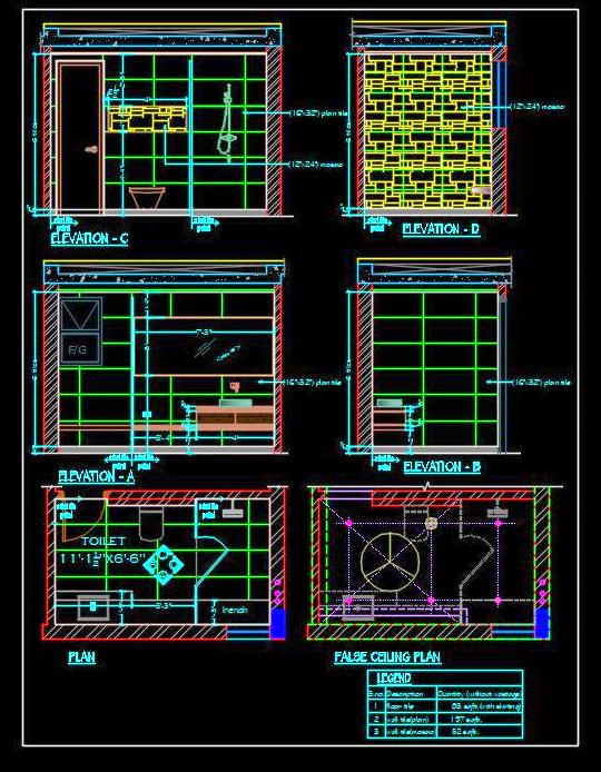 Complete Bathroom CAD Detail- WC, Basin, and Shower Area